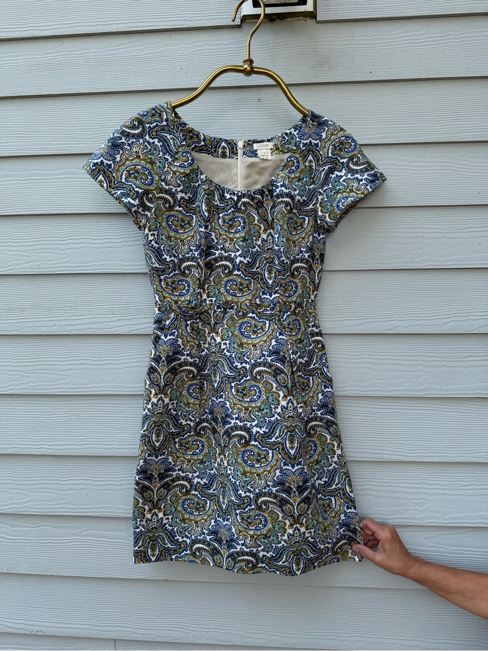 J. Crew Blue and Olive Paisley Cap-Sleeve Mini Dress